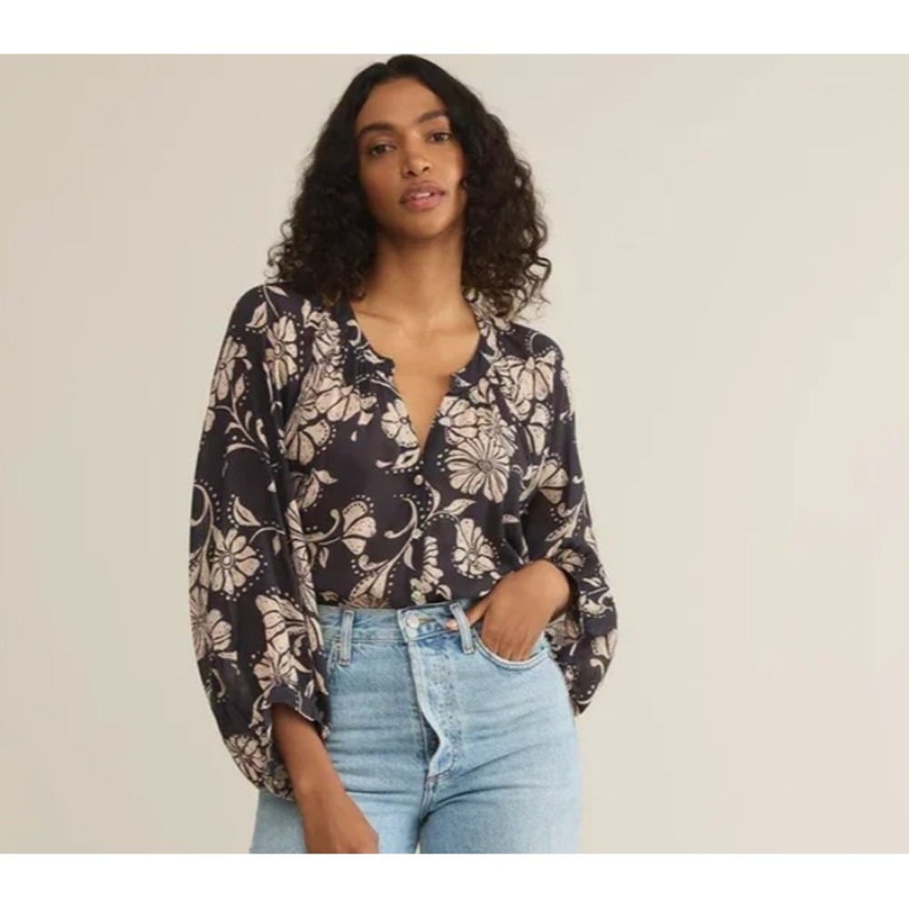 Z Supply Ladies Parchment Wren Ari Floral Blouse‎ Earthy Boho Cottagecore Medium